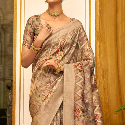 Brown Floral Digital Printed Tissue Saree With Tassels