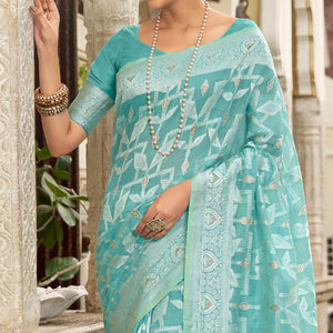 Blue Woven Cotton Silk Saree With Tassels