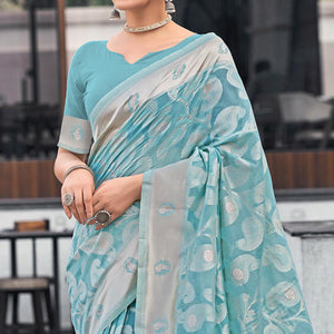 Blue Woven Cotton Silk Saree With Tassels