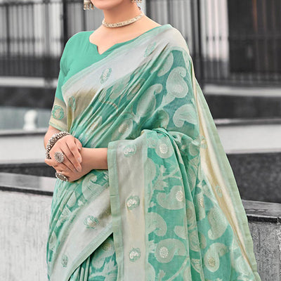 Light Rama Green Woven Cotton Silk Saree With Tassels