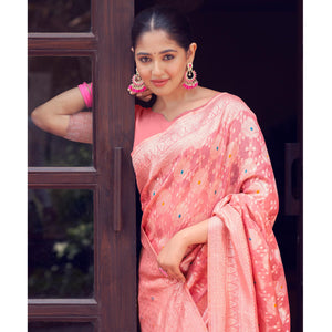 Gajari Pink Woven Cotton Silk Saree With Tassels