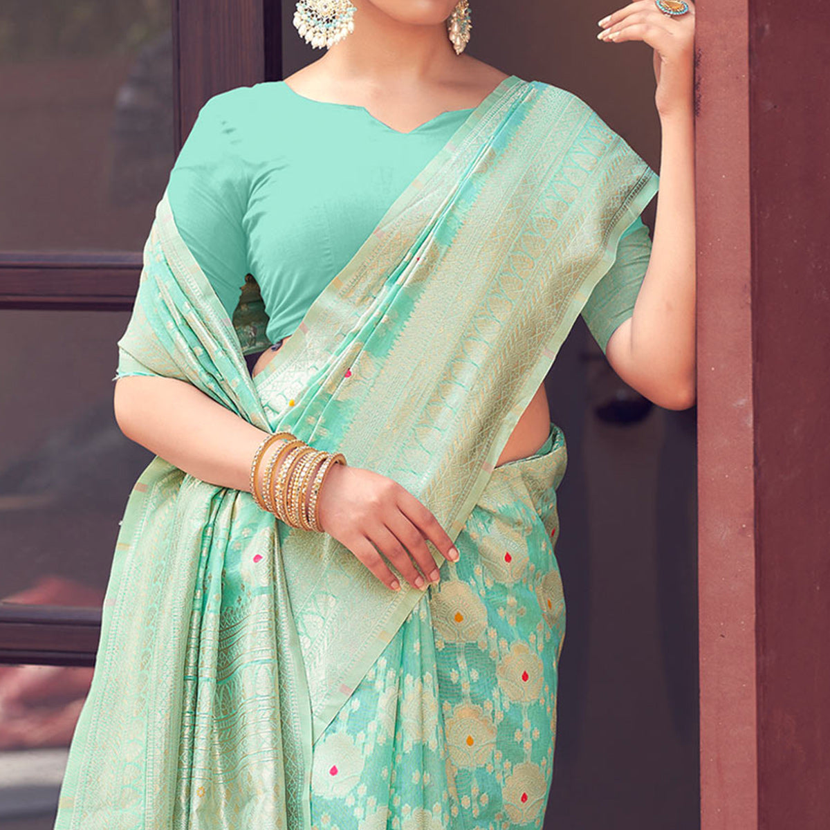 Light Rama Green Woven Cotton Silk Saree With Tassels
