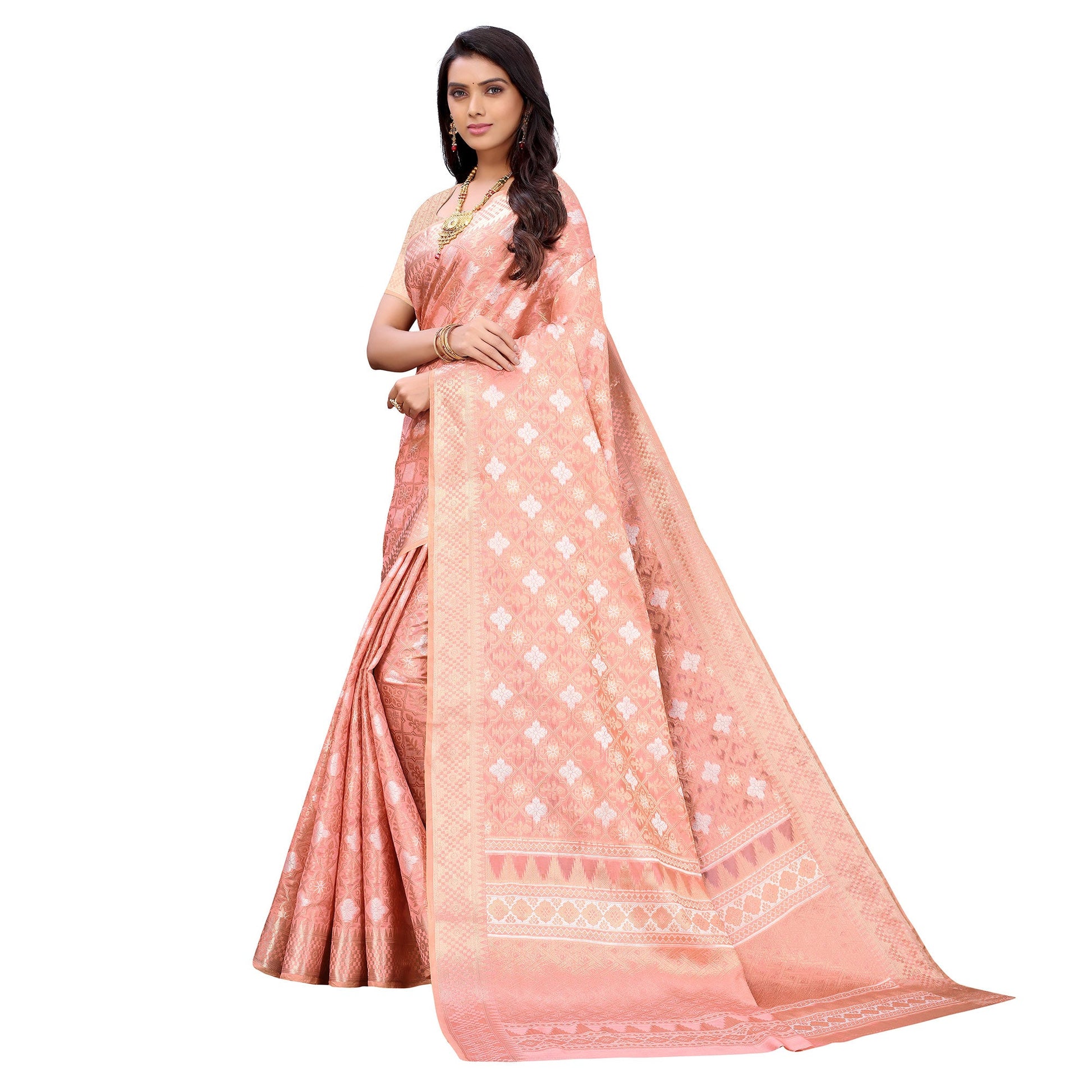 Dark Peach Festive Wear Woven Silk Saree