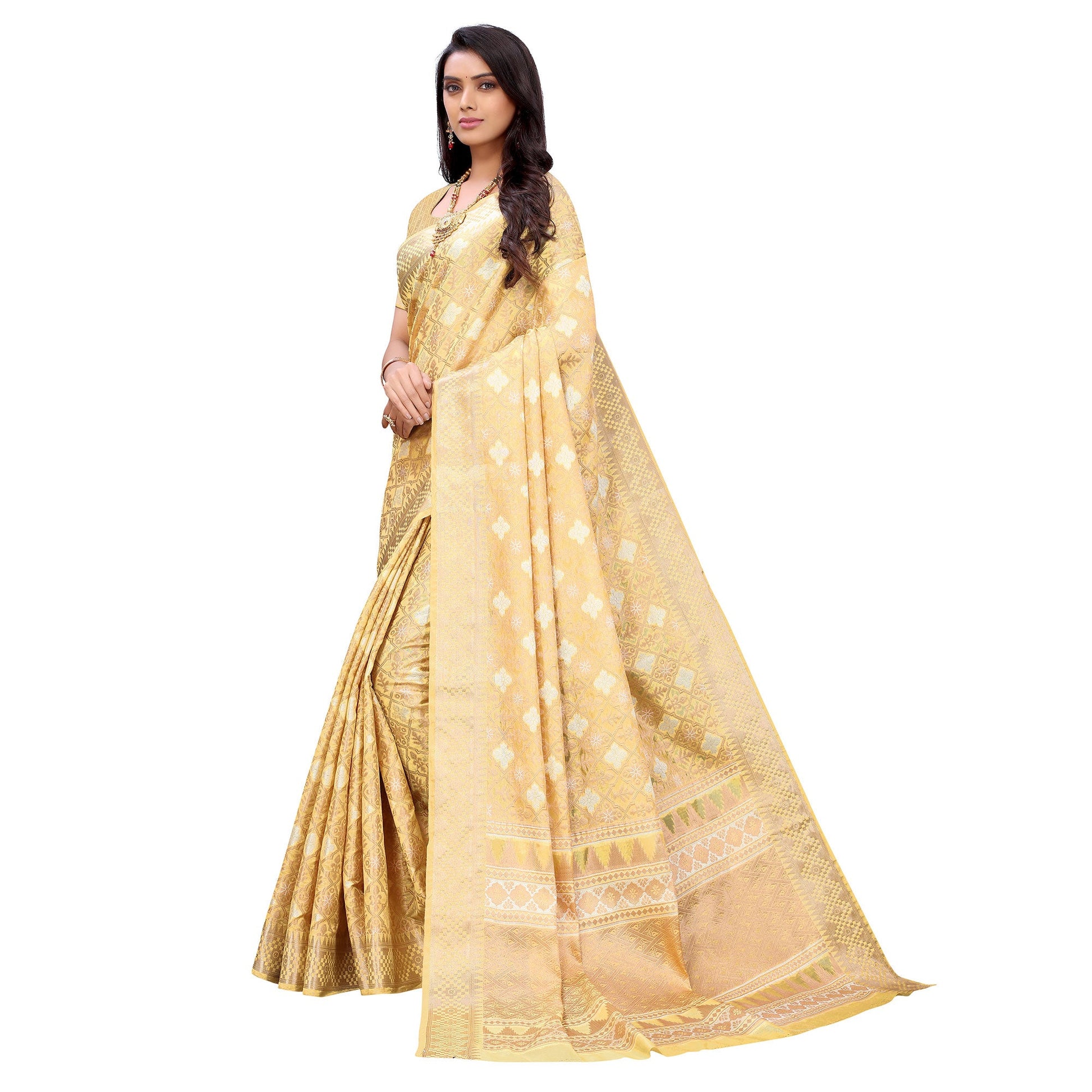 Cream Festive Wear Woven Silk Saree