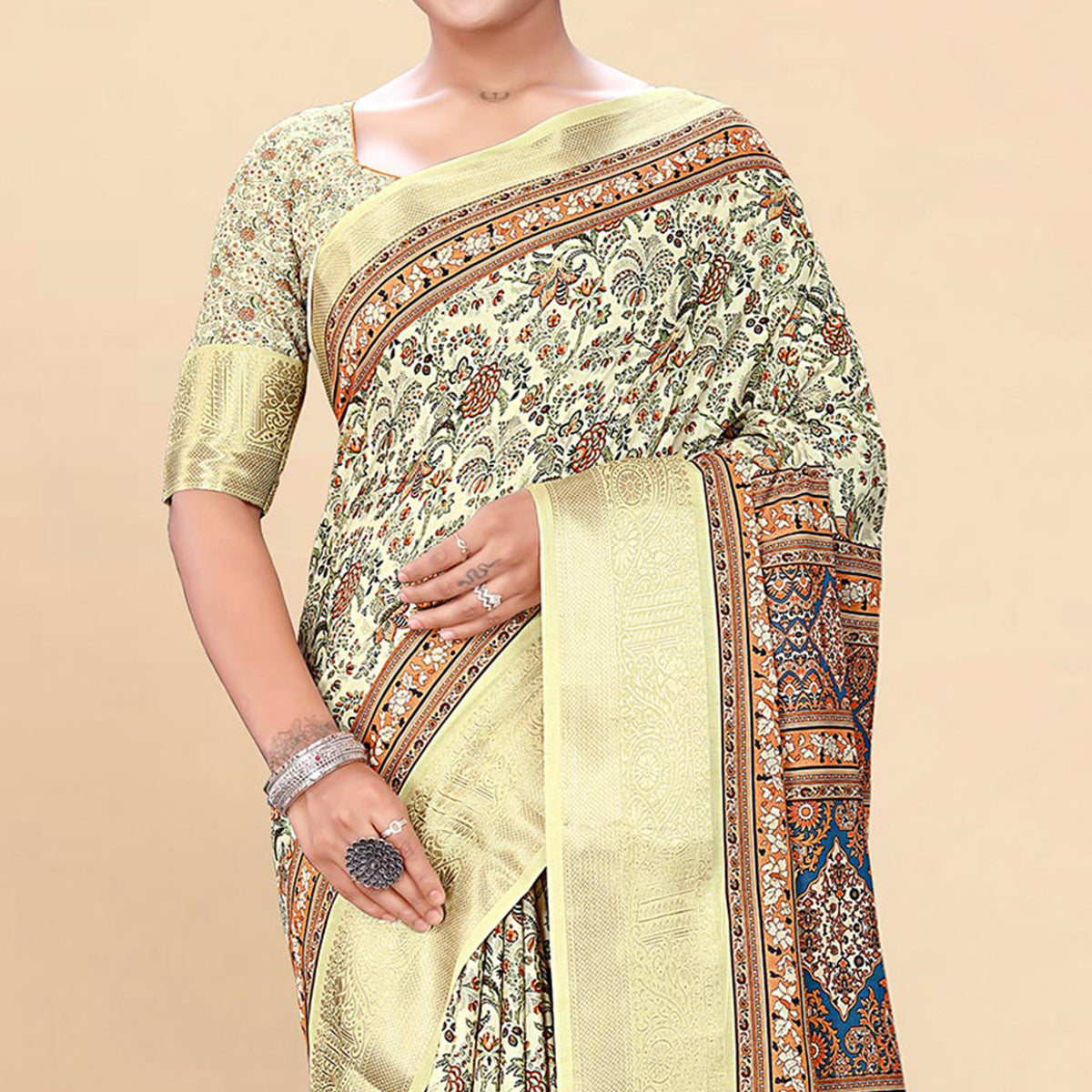 Light Yellow Floral Digital Printed Pure Cotton Saree