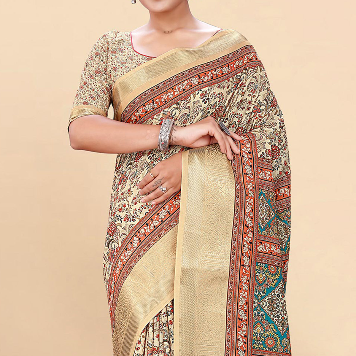 Cream Floral Digital Printed Pure Cotton Saree