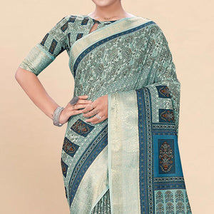Light Pista Green Floral Digital Printed Pure Cotton Saree