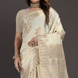 Cream Floral Woven Raw Silk Saree