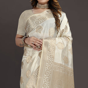 Cream Floral Woven Raw Silk Saree