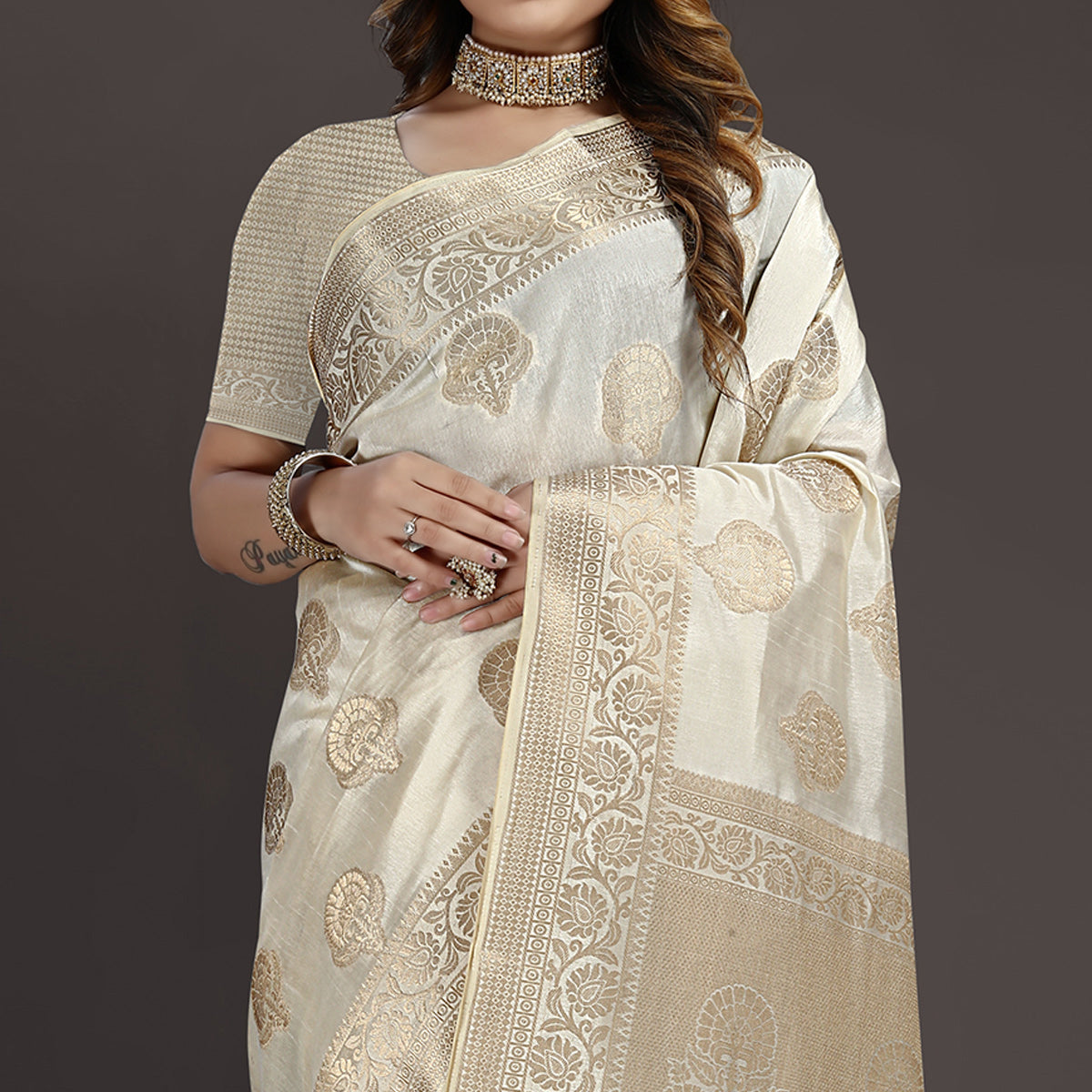 Cream Floral Woven Raw Silk Saree