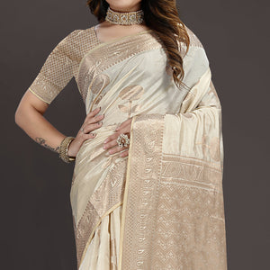 Cream Floral Woven Raw Silk Saree