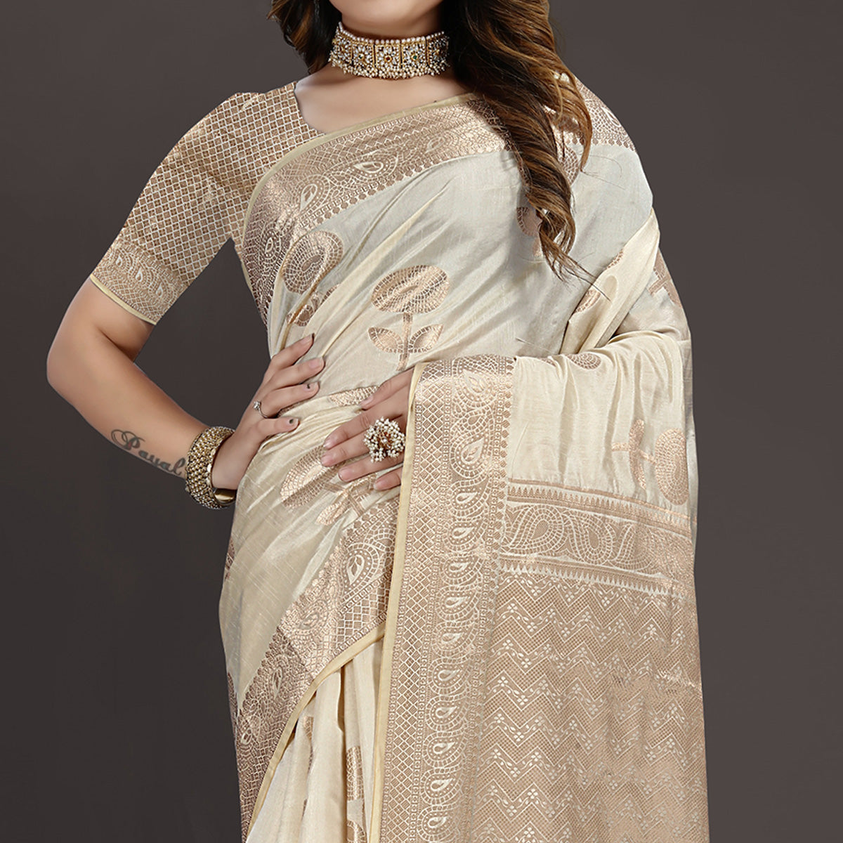 Cream Floral Woven Raw Silk Saree