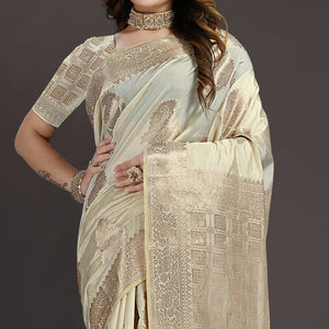 Cream Floral Woven Raw Silk Saree