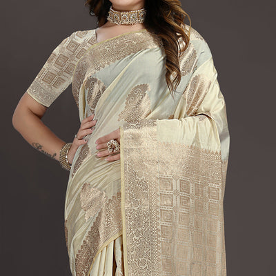 Cream Floral Woven Raw Silk Saree