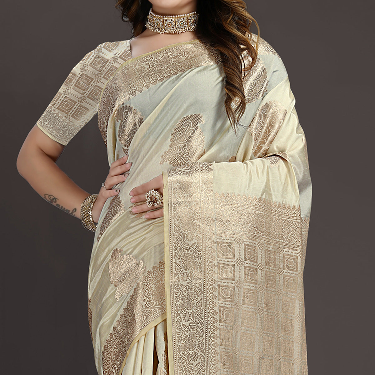 Cream Floral Woven Raw Silk Saree