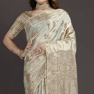 Cream Floral Woven Raw Silk Saree