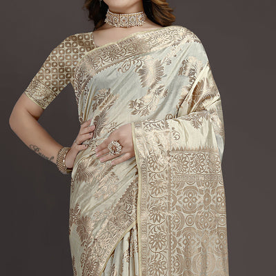 Cream Floral Woven Raw Silk Saree