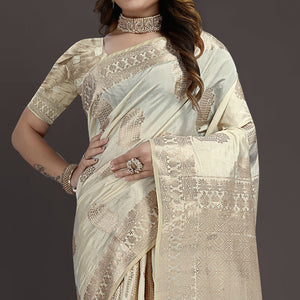 Cream Floral Woven Raw Silk Saree