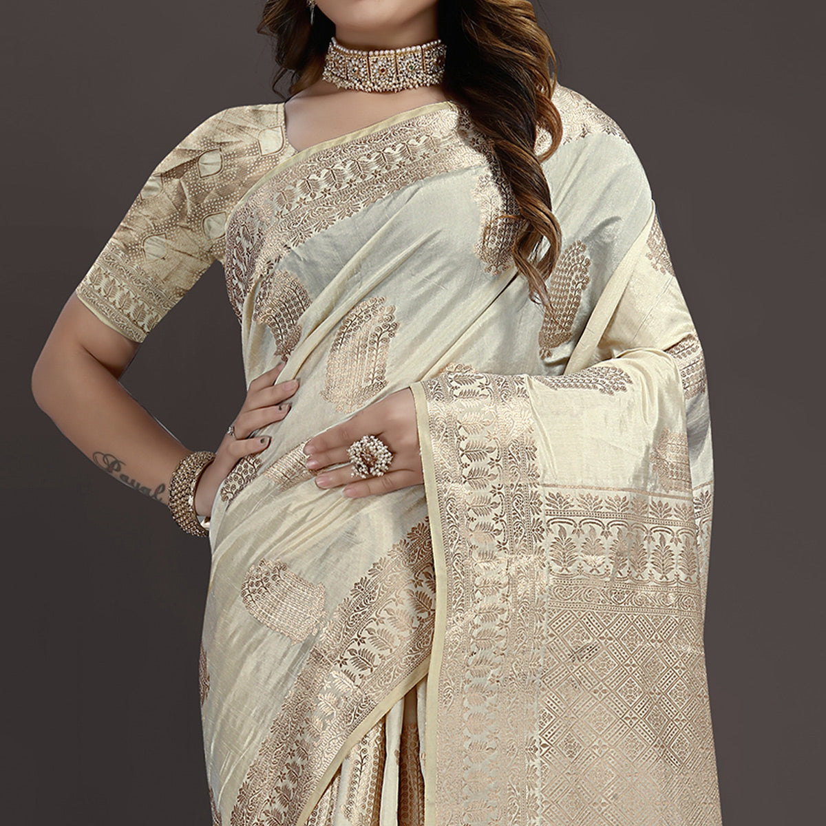 Cream Floral Woven Raw Silk Saree