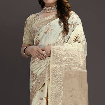 Cream Floral Woven Raw Silk Saree