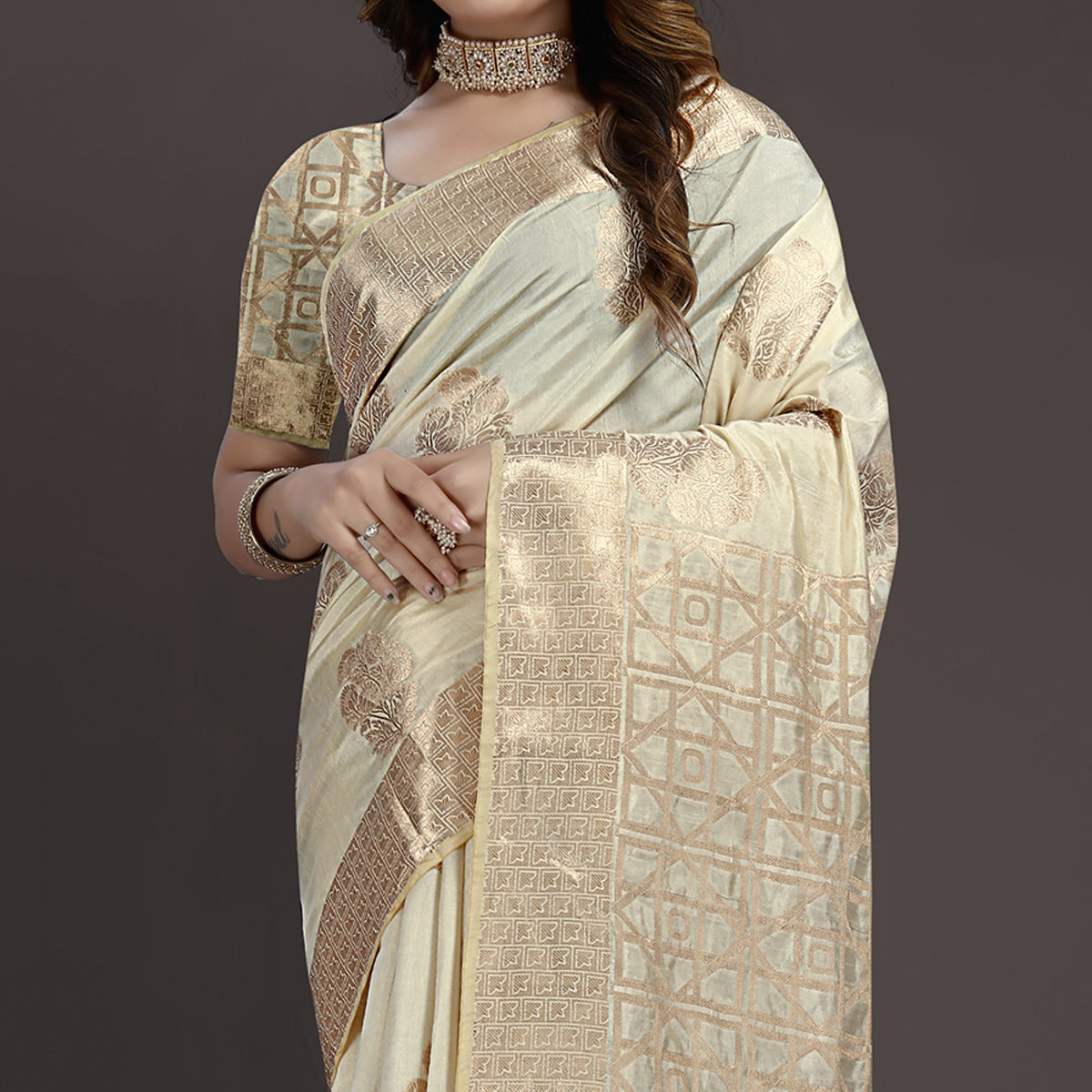 Cream Floral Woven Raw Silk Saree
