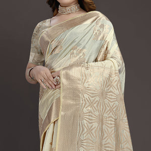 Cream Floral Woven Raw Silk Saree