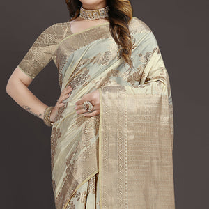 Cream Floral Woven Raw Silk Saree