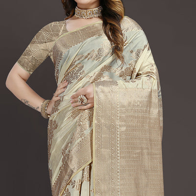 Cream Floral Woven Raw Silk Saree