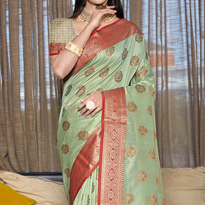 green-floral-woven-cotton-blend-saree
