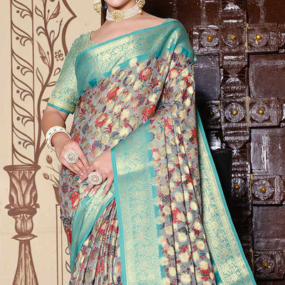 grey-turquoise-floral-printed-pure-cotton-saree