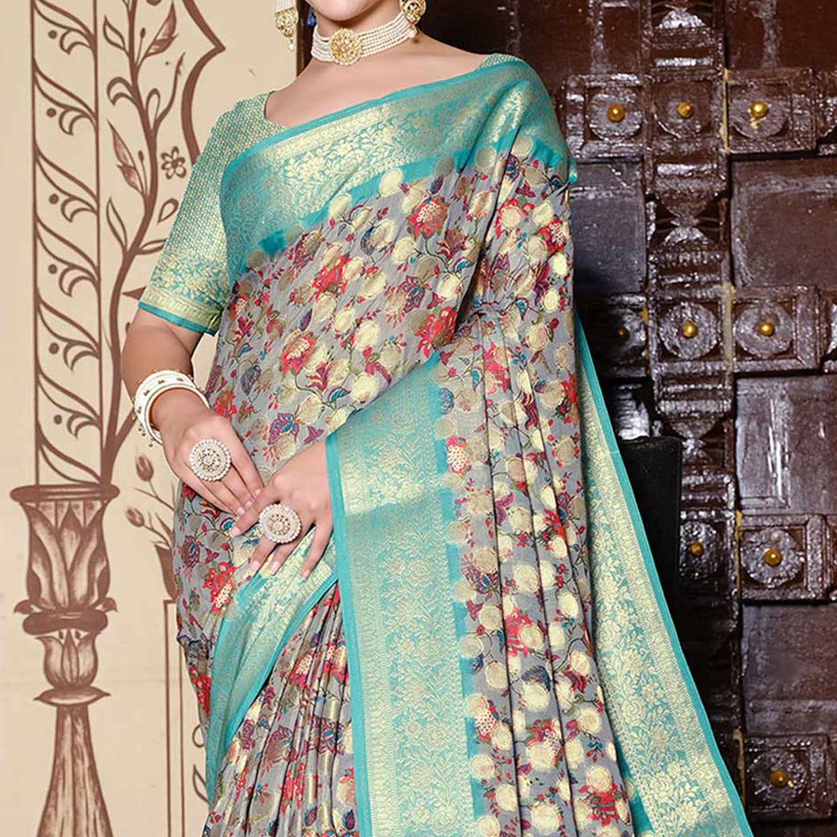 grey-turquoise-floral-printed-pure-cotton-saree