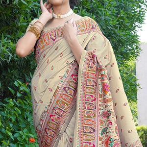 Cream Woven Pure Silk Saree