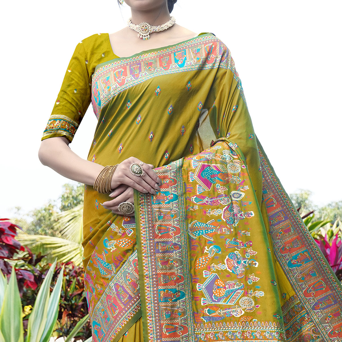 Lemon Green Woven Pure Silk Saree