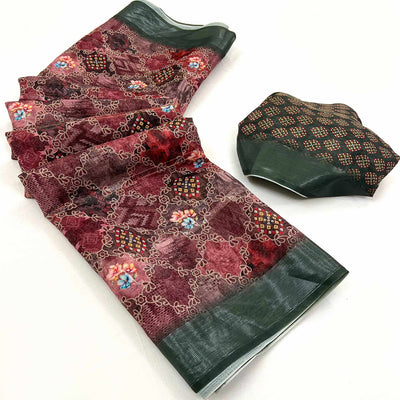 Maroon Floral Digital Printed Cotton Blend Saree
