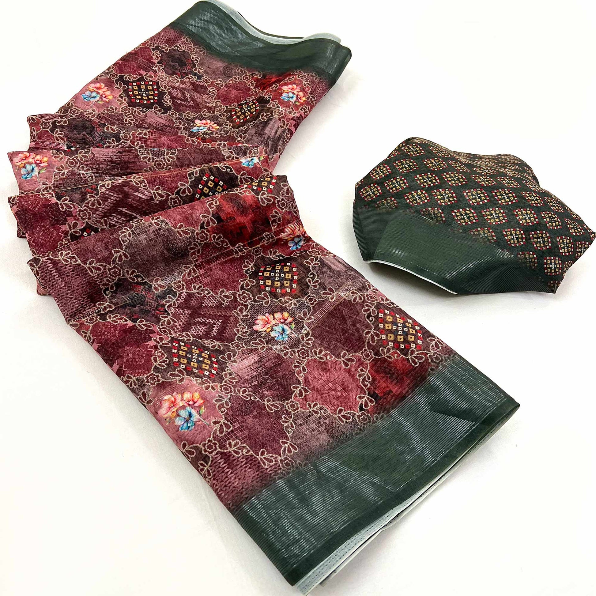 Maroon Floral Digital Printed Cotton Blend Saree