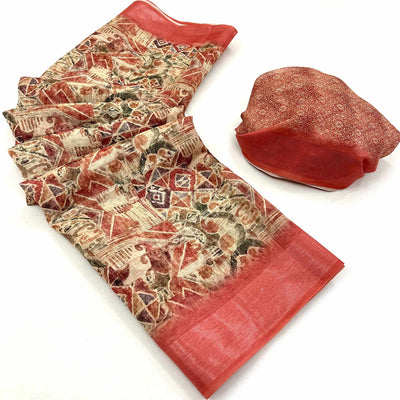 Cream & Gajari Digital Printed Cotton Blend Saree