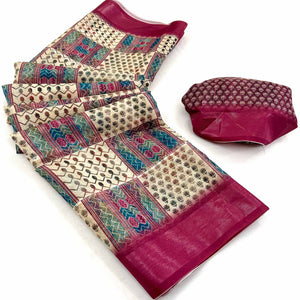 Cream & Burgundy Digital Printed Cotton Blend Saree