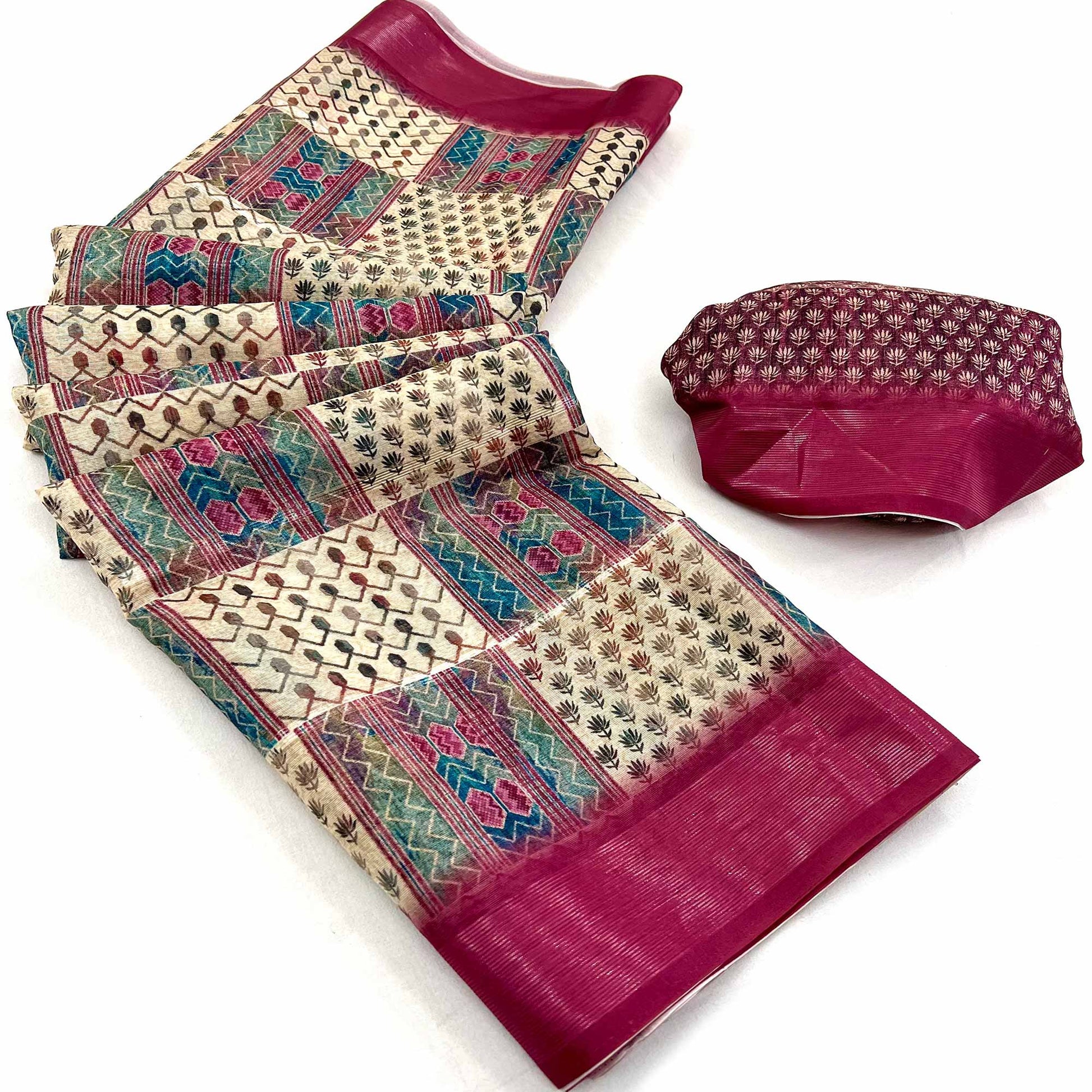 Cream & Burgundy Digital Printed Cotton Blend Saree
