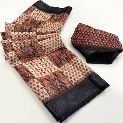 Cream & Black Digital Printed Cotton Blend Saree