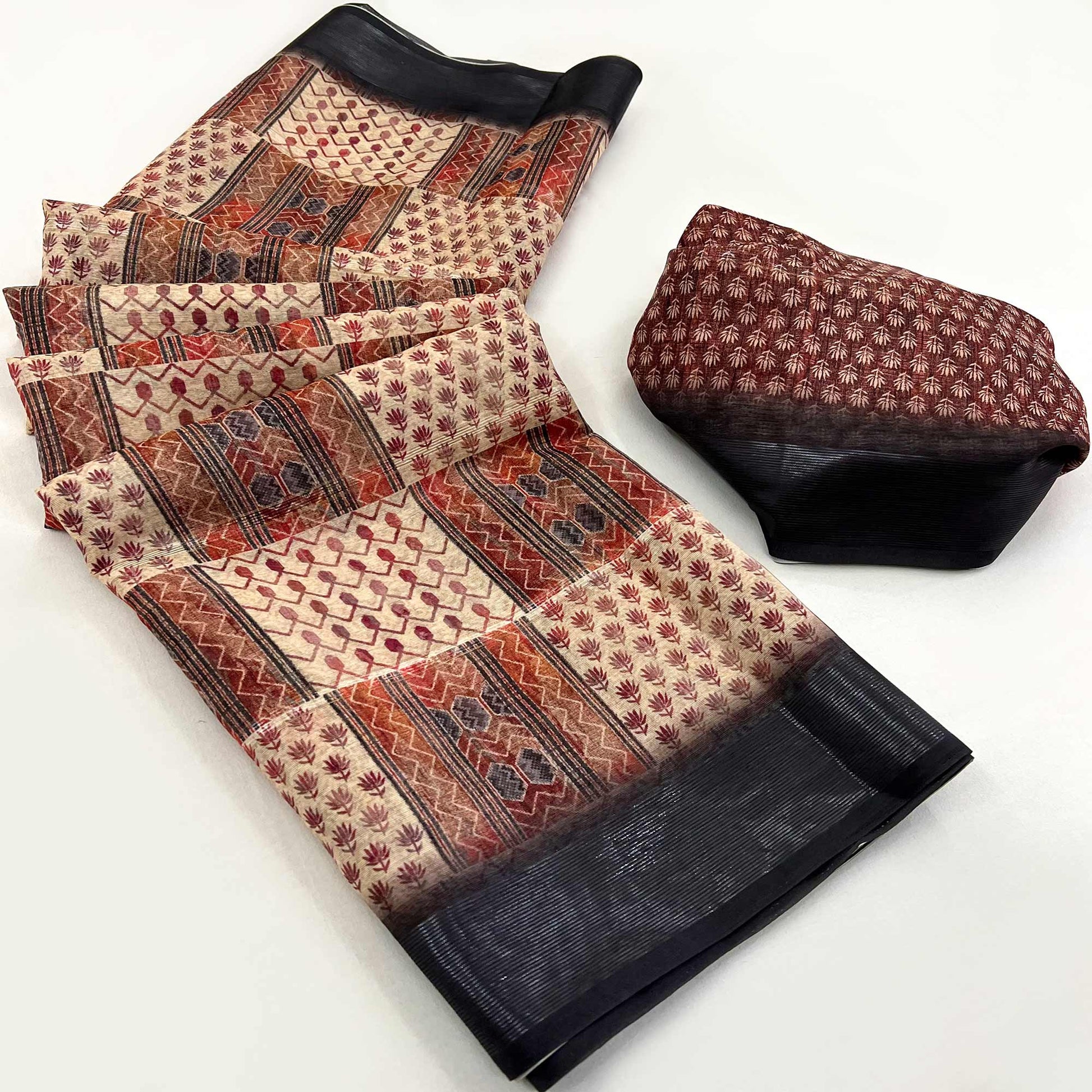 Cream & Black Digital Printed Cotton Blend Saree