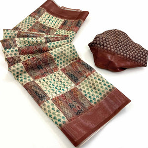 Cream & Brown Digital Printed Cotton Blend Saree