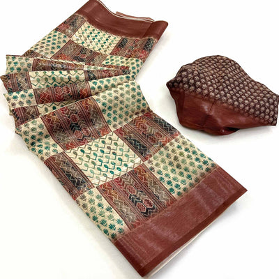 Cream & Brown Digital Printed Cotton Blend Saree