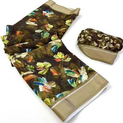 Brown Digital Printed Georgette Saree
