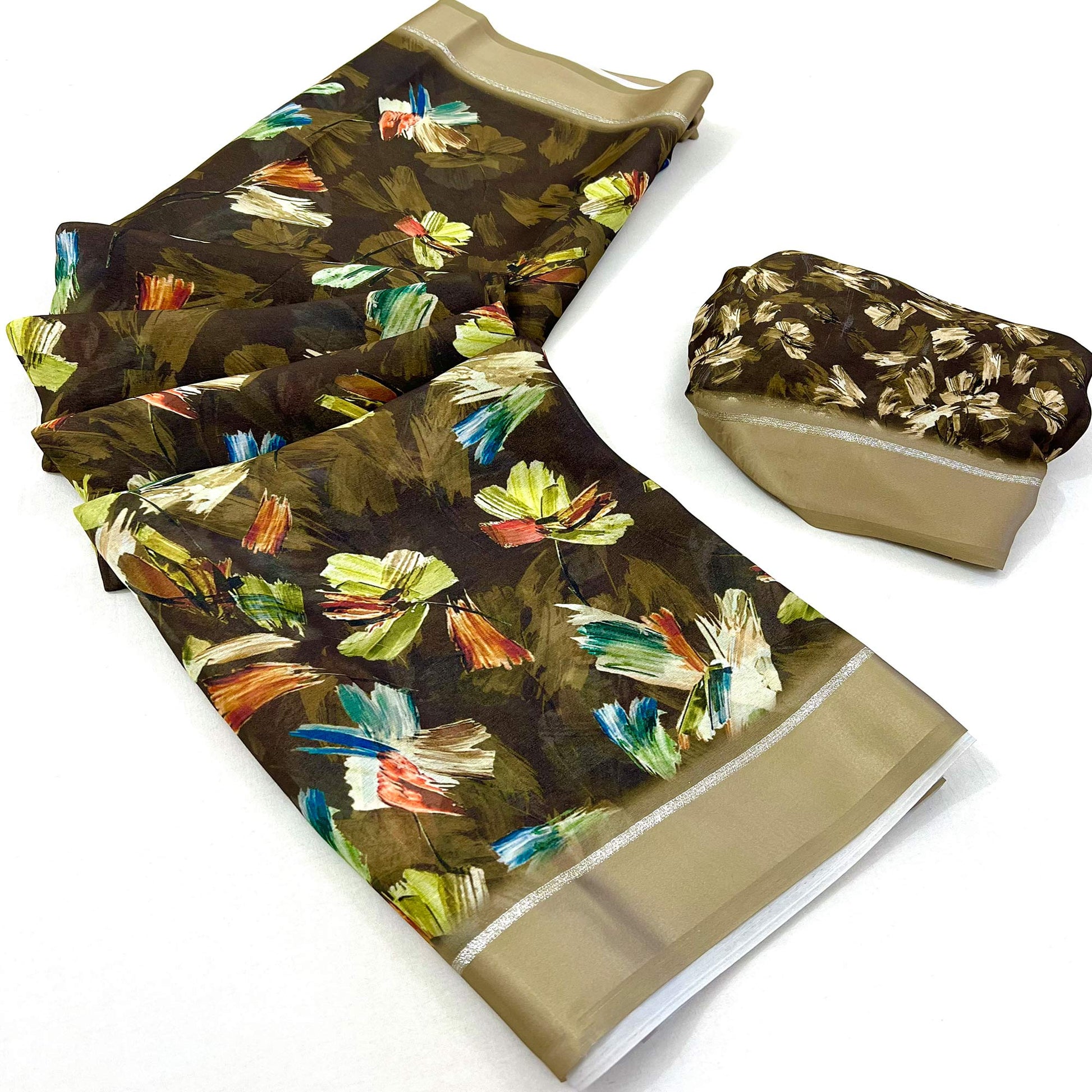 Brown Digital Printed Georgette Saree