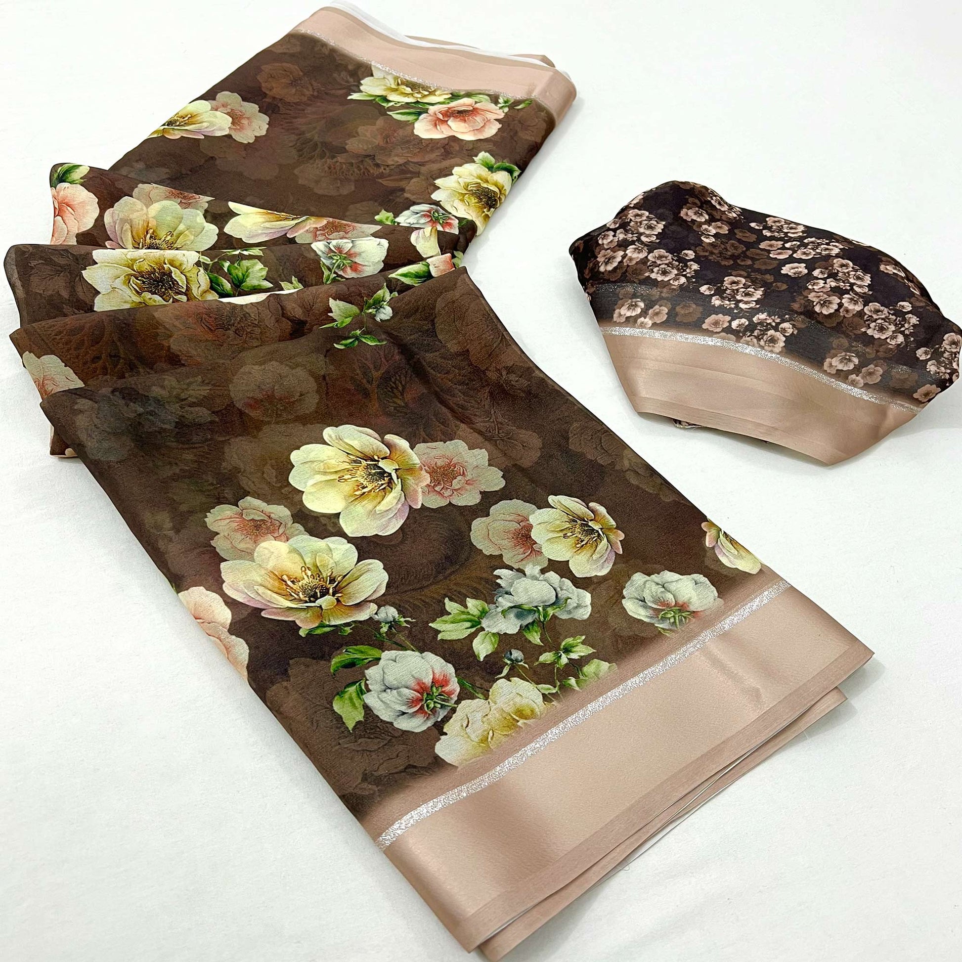 Brown Digital Printed Georgette Saree