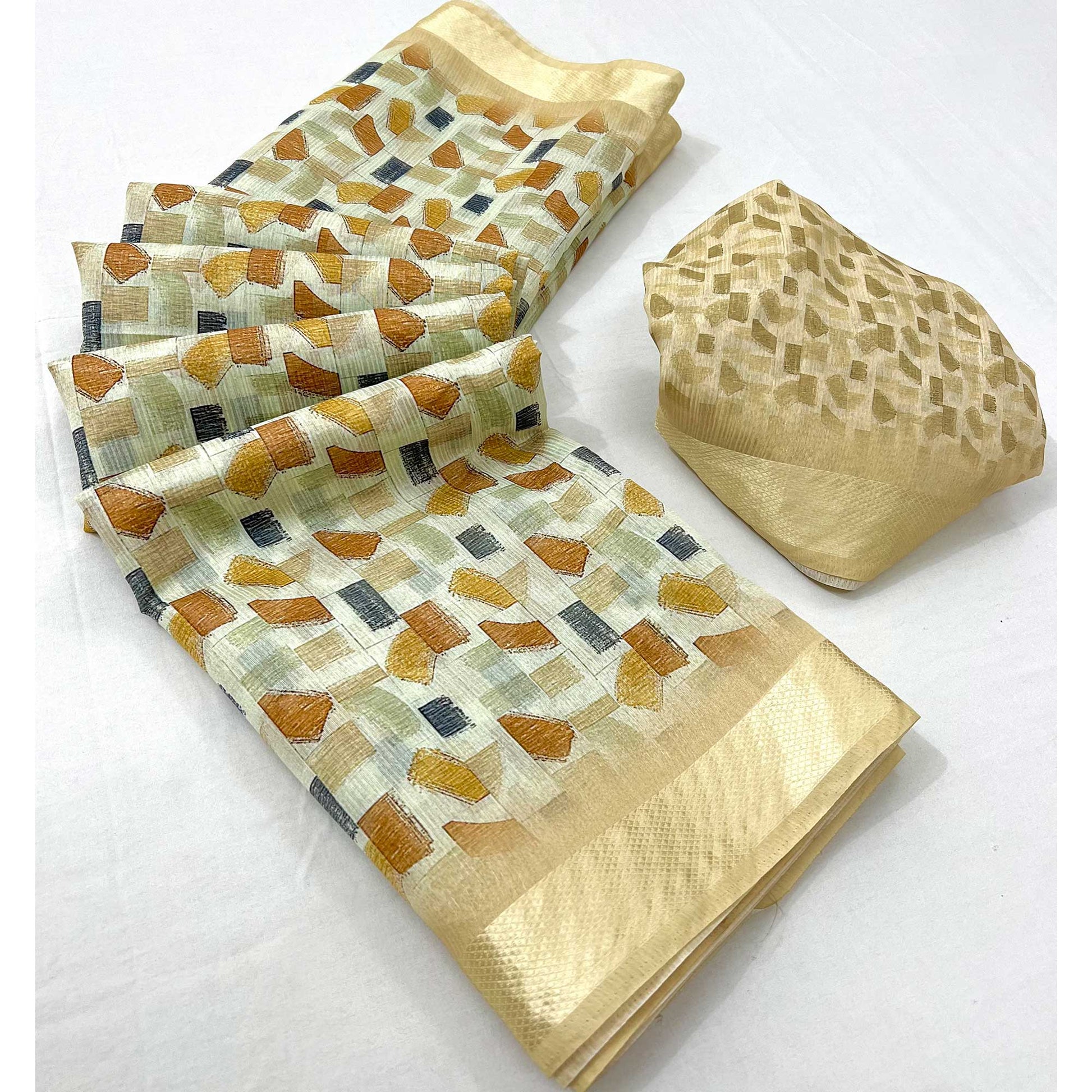Cream Geometric Digital Printed Cotton Blend Saree