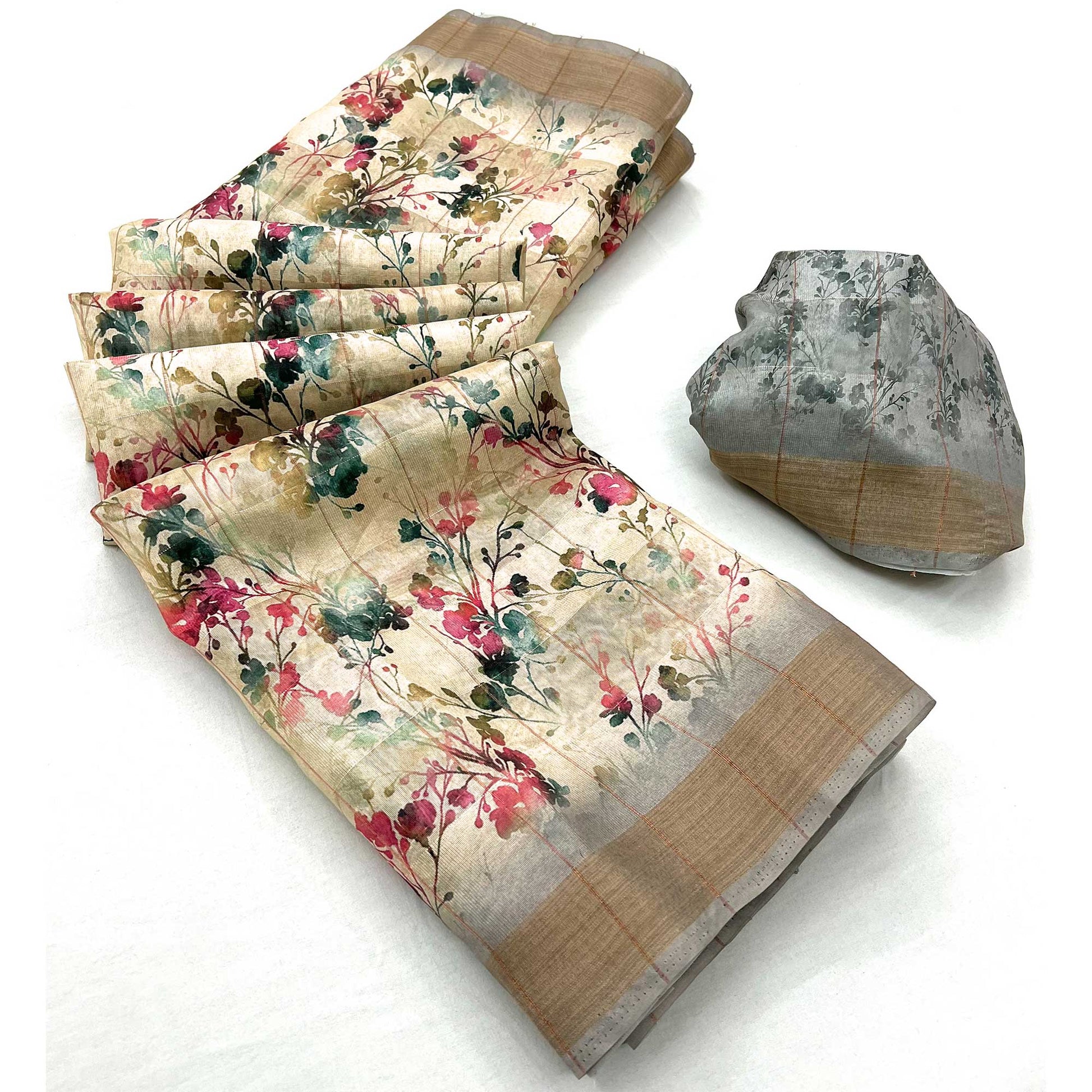 Cream & Grey Floral Digital Printed Cotton Blend Saree