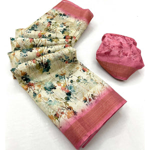 Cream & Pink Floral Digital Printed Cotton Blend Saree