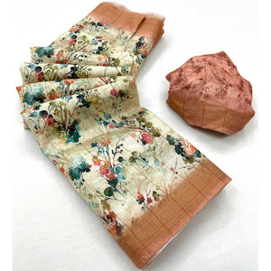 Cream & Peach Floral Digital Printed Cotton Blend Saree