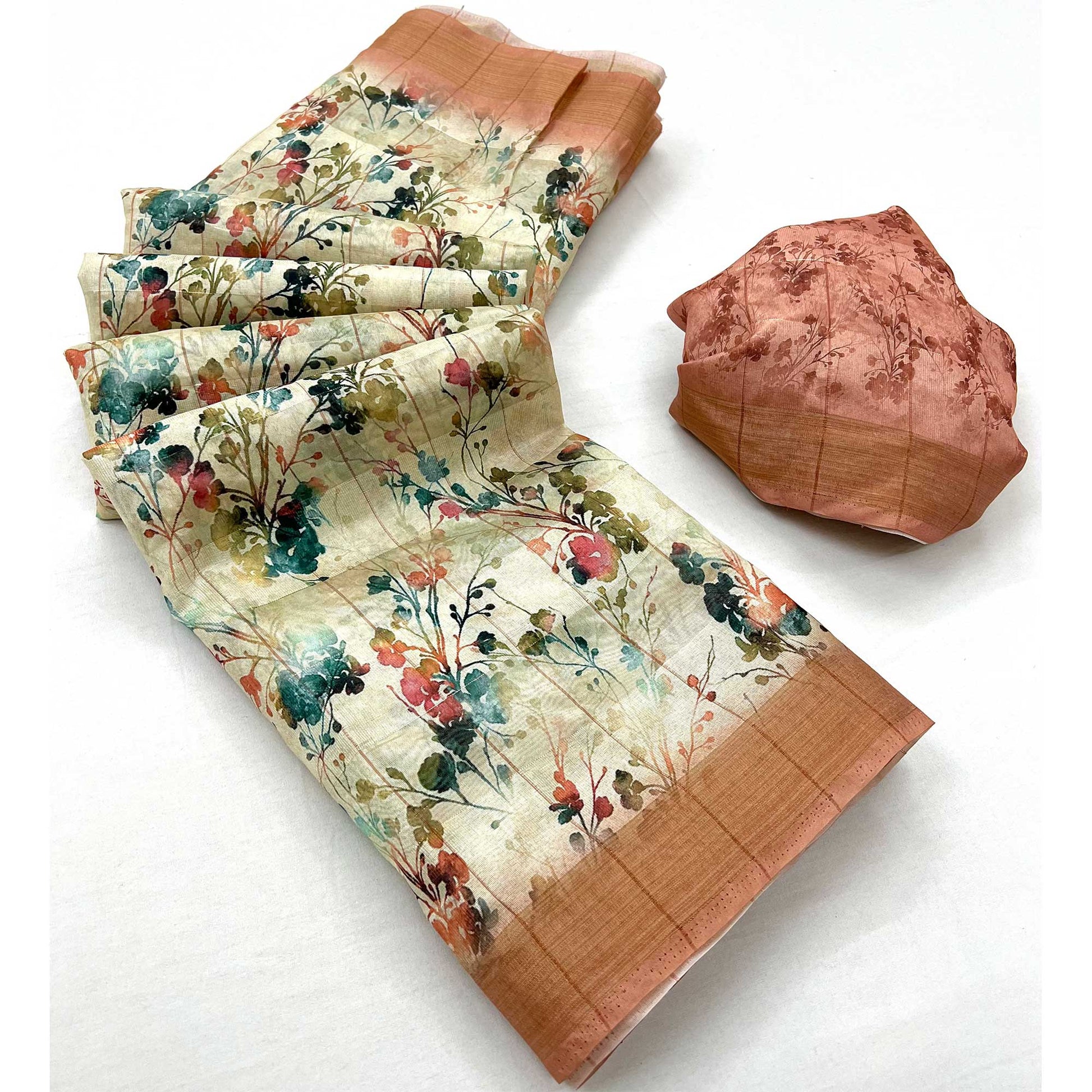Cream & Peach Floral Digital Printed Cotton Blend Saree